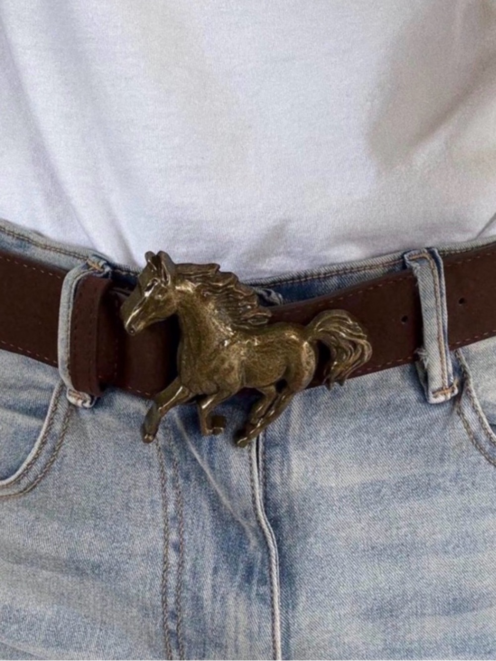 Brown Leather Belt with Brass Horse Buckle